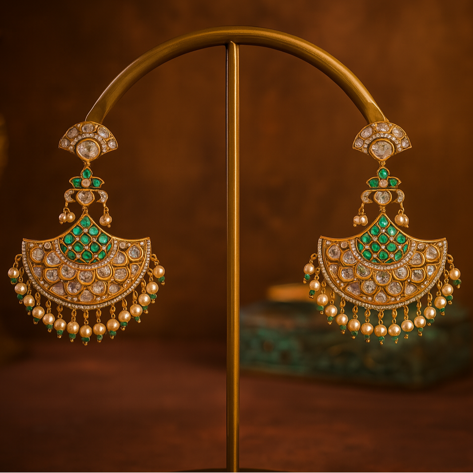 Ornate gold earrings with green gemstones on a stand against a brown background