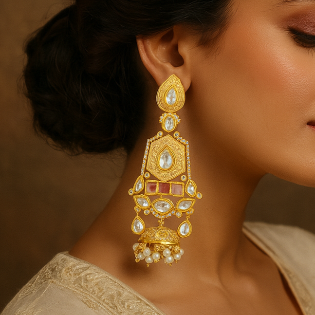 Woman wearing gold earrings with a neutral background