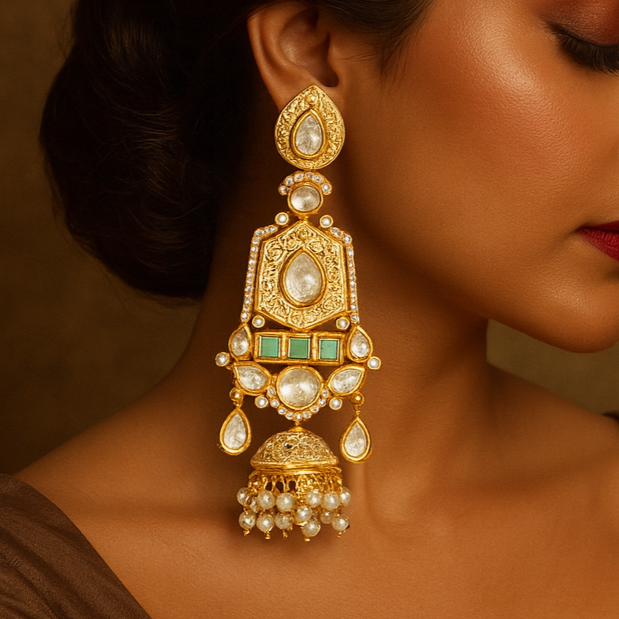 Woman wearing a large, ornate gold earring against a warm brown background