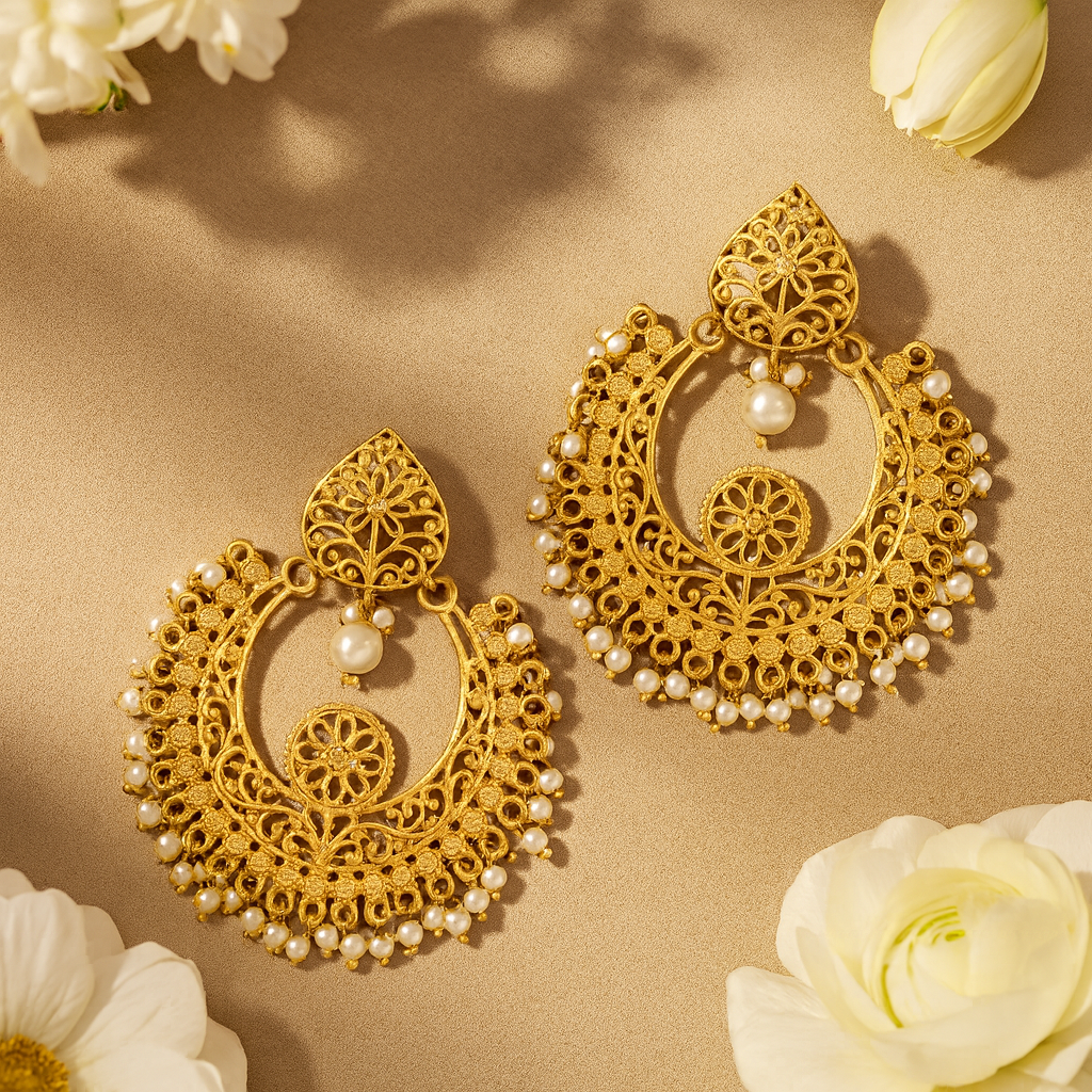 Gold earrings with pearl accents on a beige background with flowers