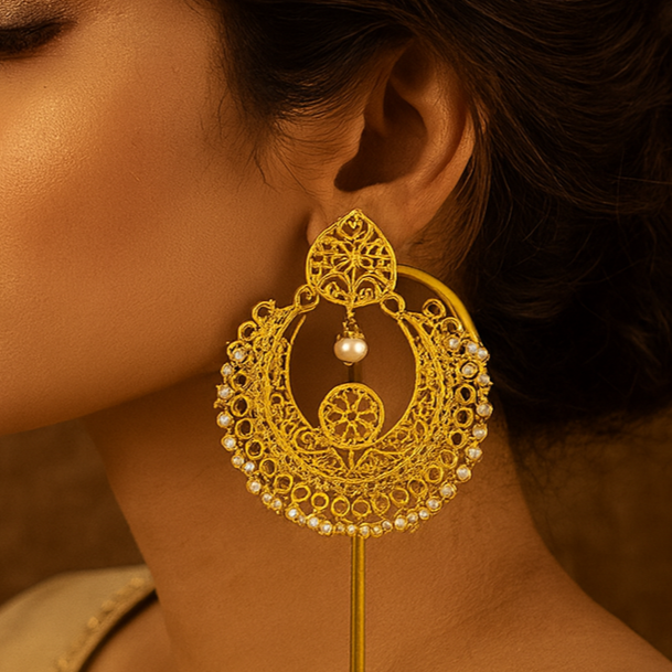 Woman wearing a gold earring with intricate design against a warm brown background