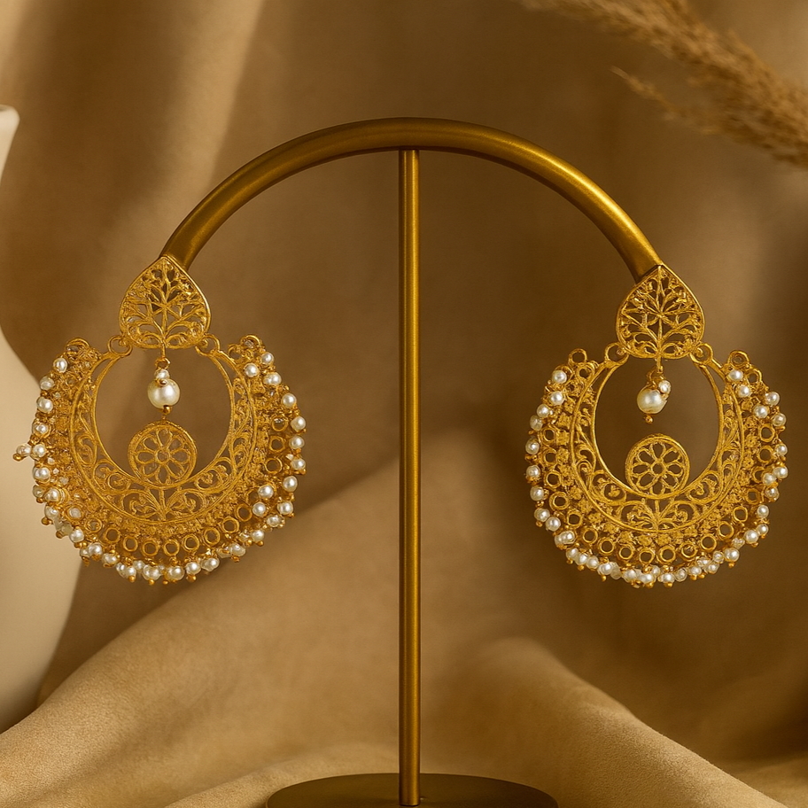 Gold earrings with intricate designs on a gold stand against a beige background