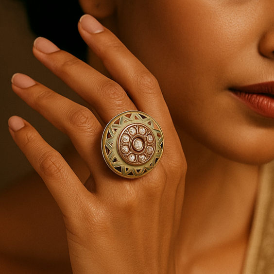 Woman wearing a large, ornate ring with a warm brown background
