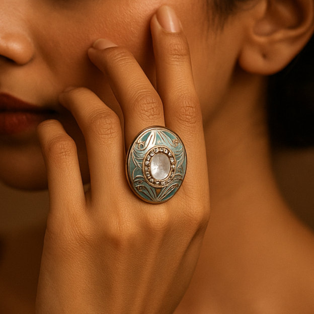 Green minakari & Polki oval ring
