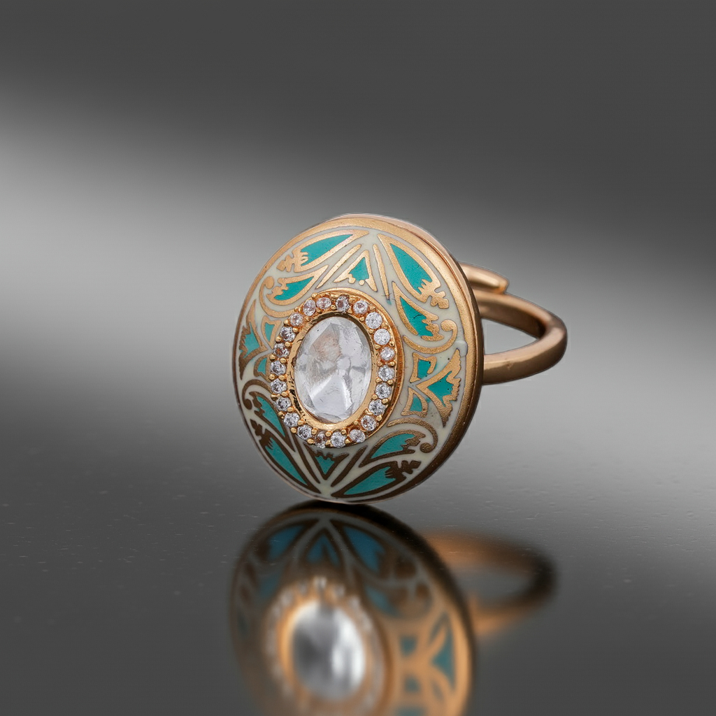 Green minakari & Polki oval ring