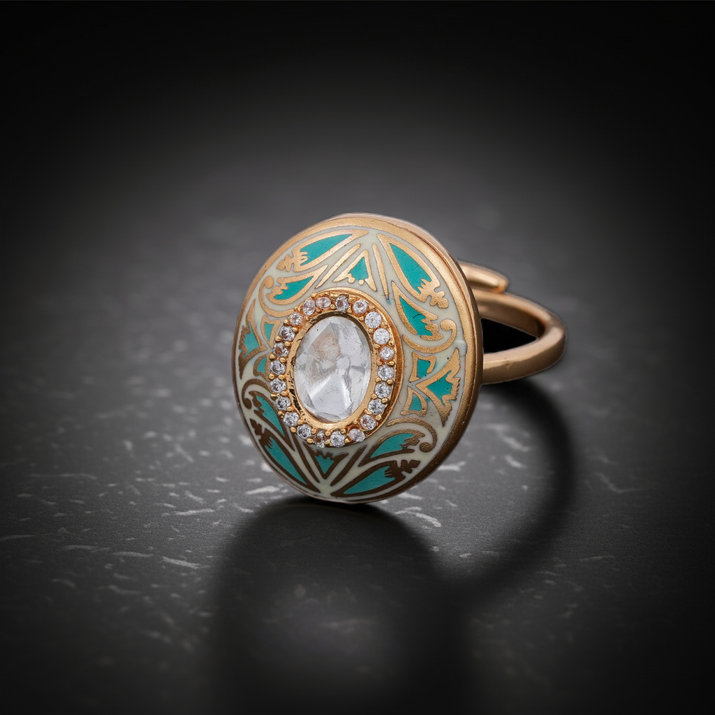 Green minakari & Polki oval ring