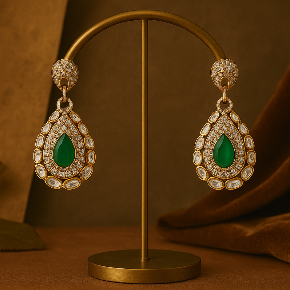 Gold earrings with green gemstones on a gold stand against a brown background