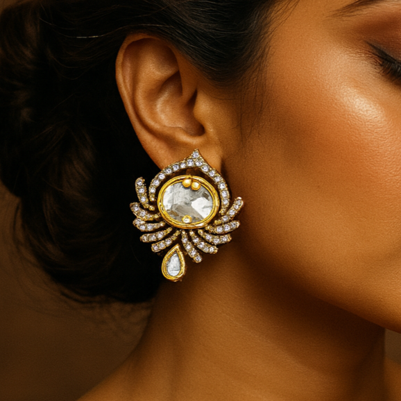 Close-up of a woman wearing a gold and diamond earring against a brown background