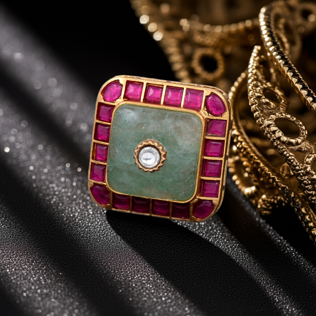 Moissanite & Ruby Color stone Kundan Ring - 1 center stone