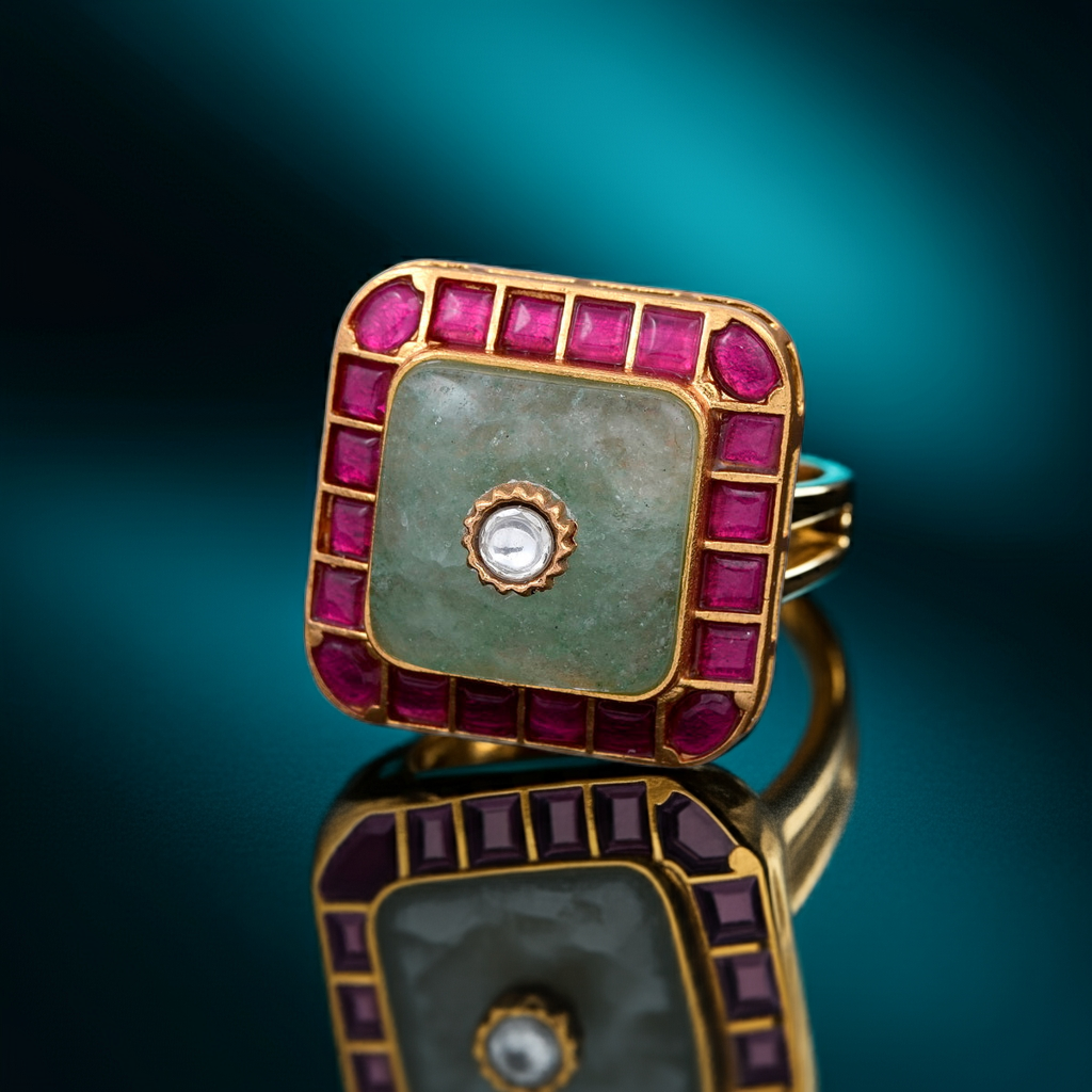 Moissanite & Ruby Color stone Kundan Ring - 1 center stone