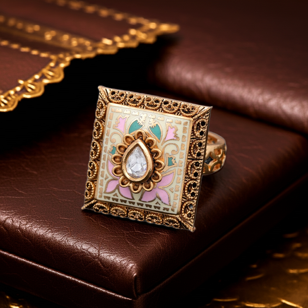 Multi color Minakari polki center stone ring