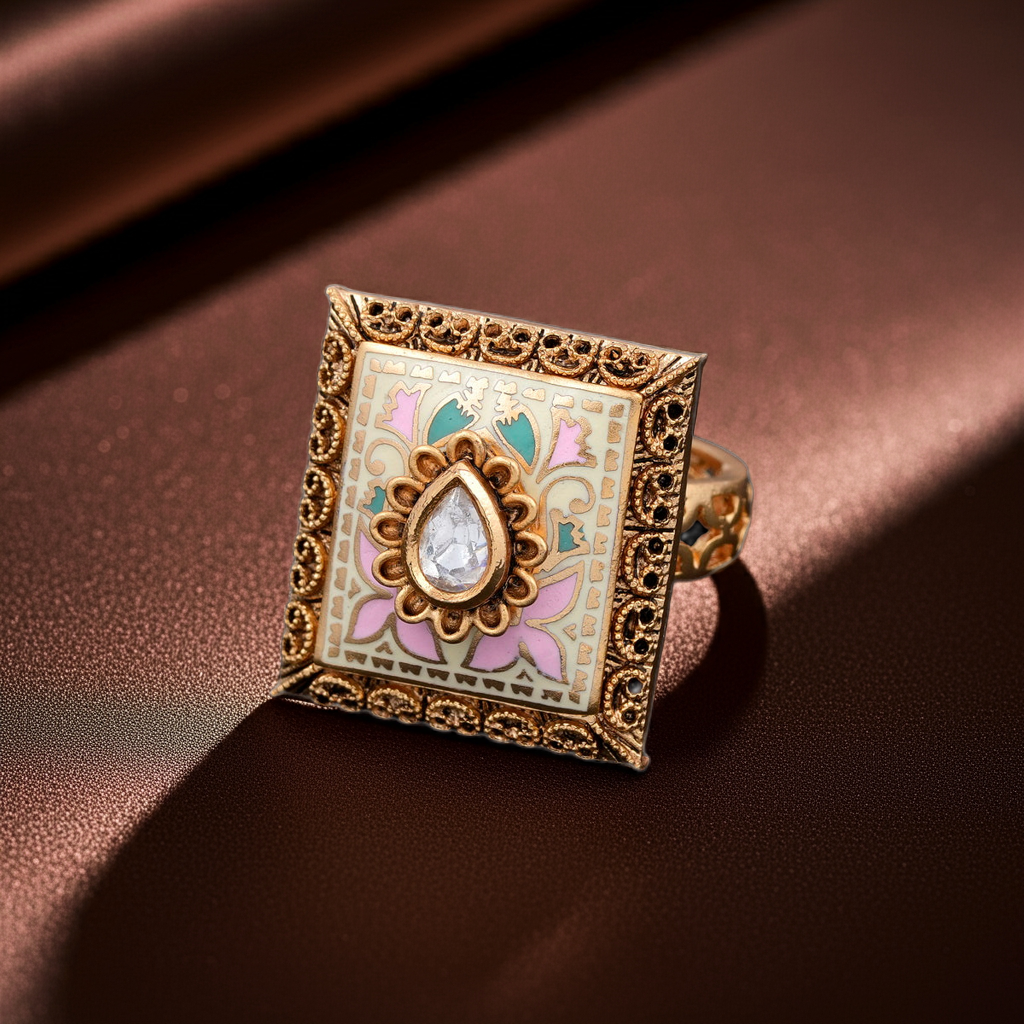 Multi color Minakari polki center stone ring