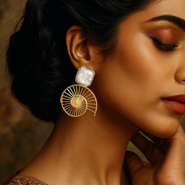 Woman wearing gold earrings with a textured background, featuring the brand 'ZOICRAFT'.