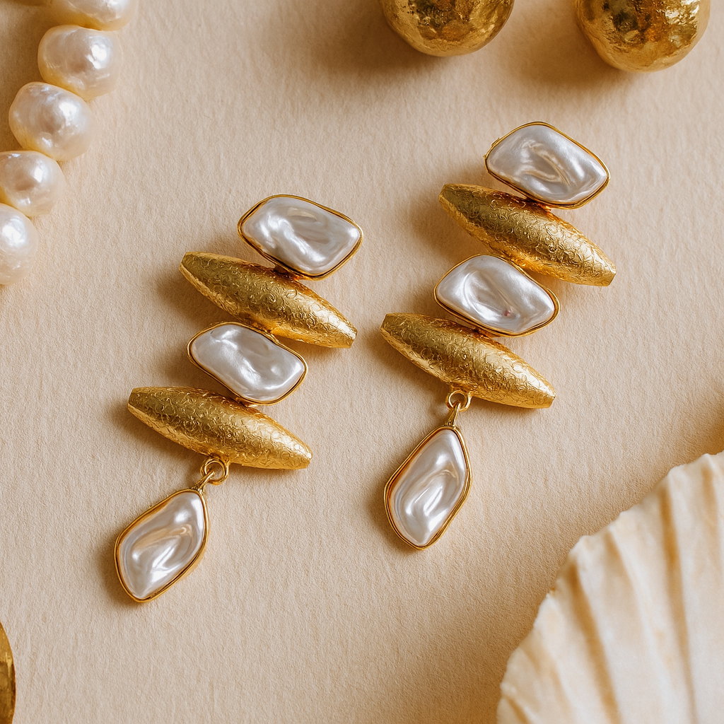 Gold and pearl earrings on a beige background