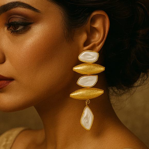Woman wearing gold and white earrings against a warm brown background