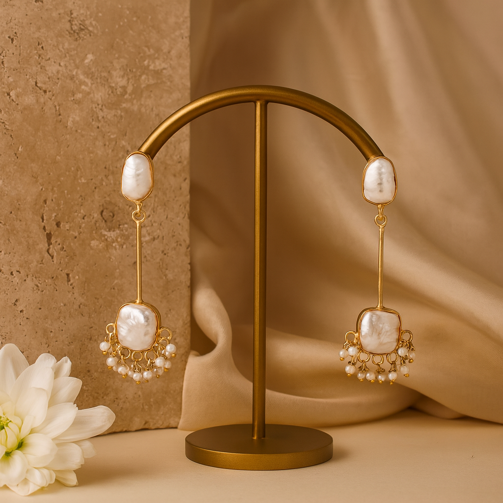 Pair of pearl earrings on a gold earring stand with a beige background