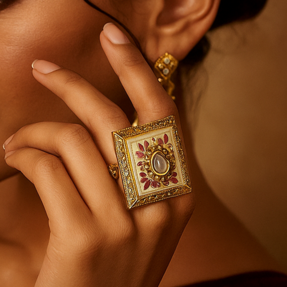 Red Minakari polki center stone ring