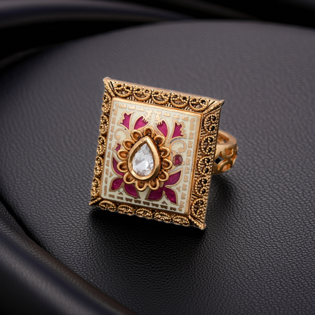 Red Minakari polki center stone ring
