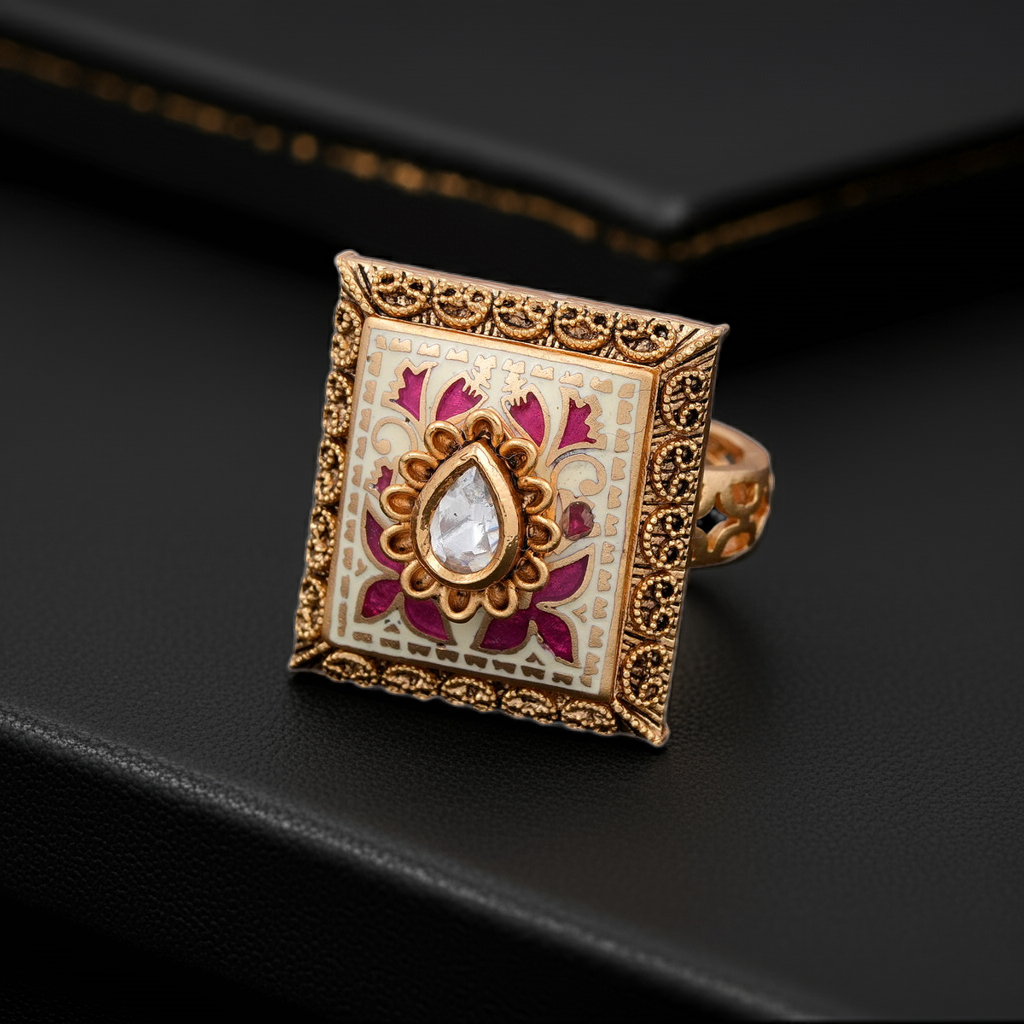 Red Minakari polki center stone ring