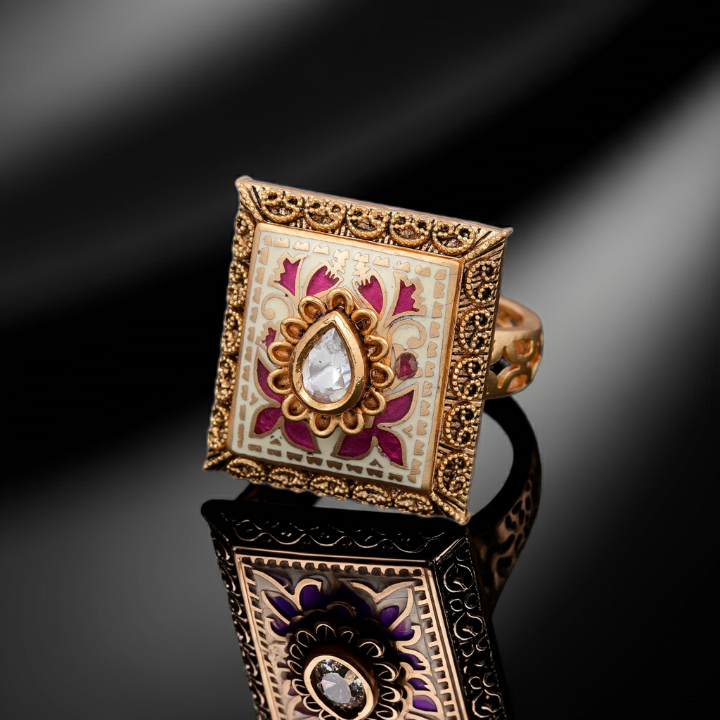 Red Minakari polki center stone ring