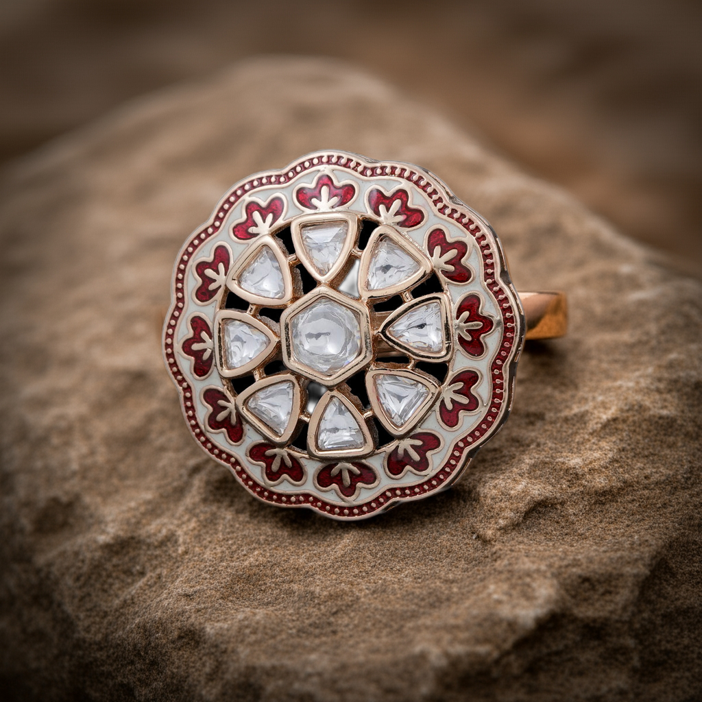 Red minakari polki round ring