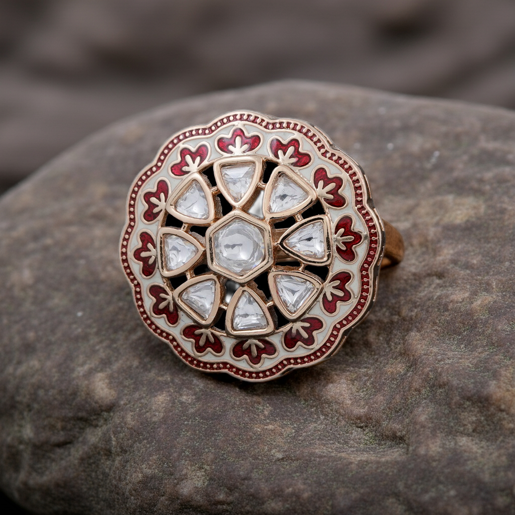 Red minakari polki round ring