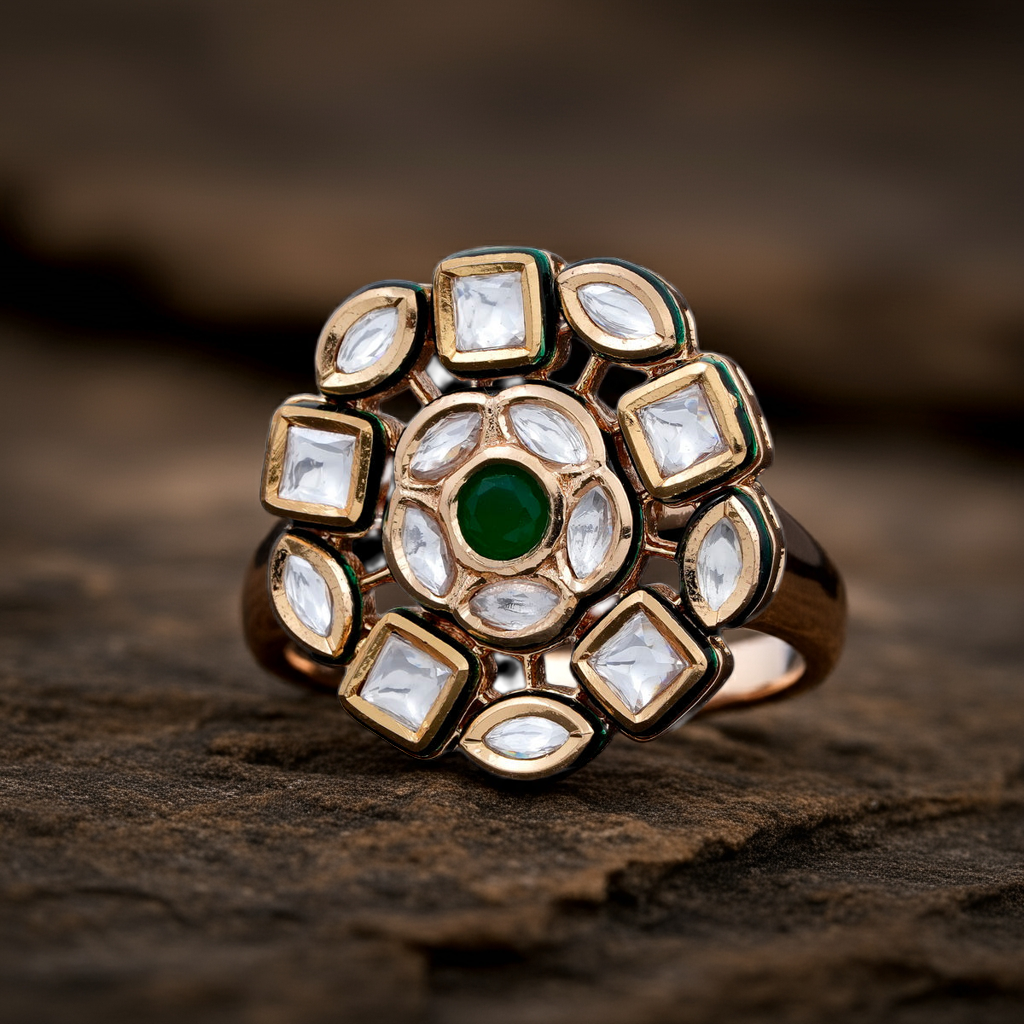 Round Emerald with Polki dia ring