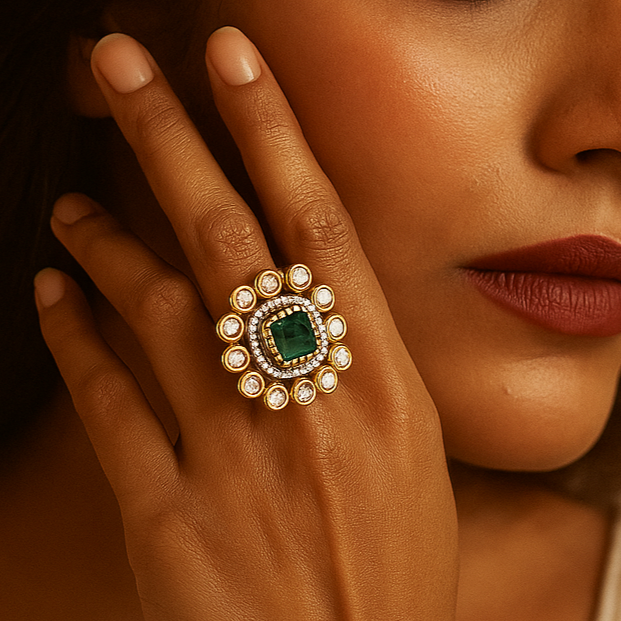 Square Emerald stone polki ring