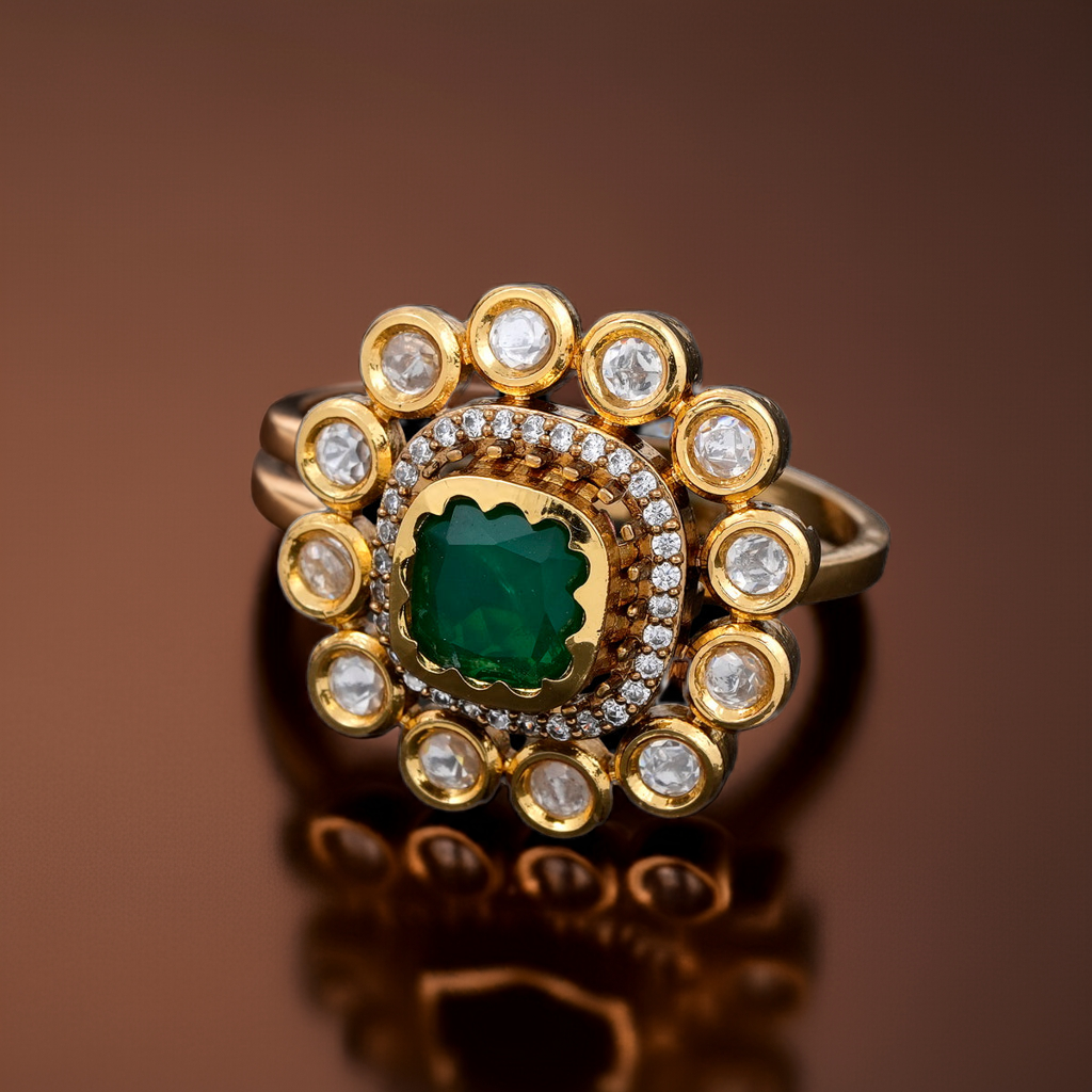 Square Emerald stone polki ring