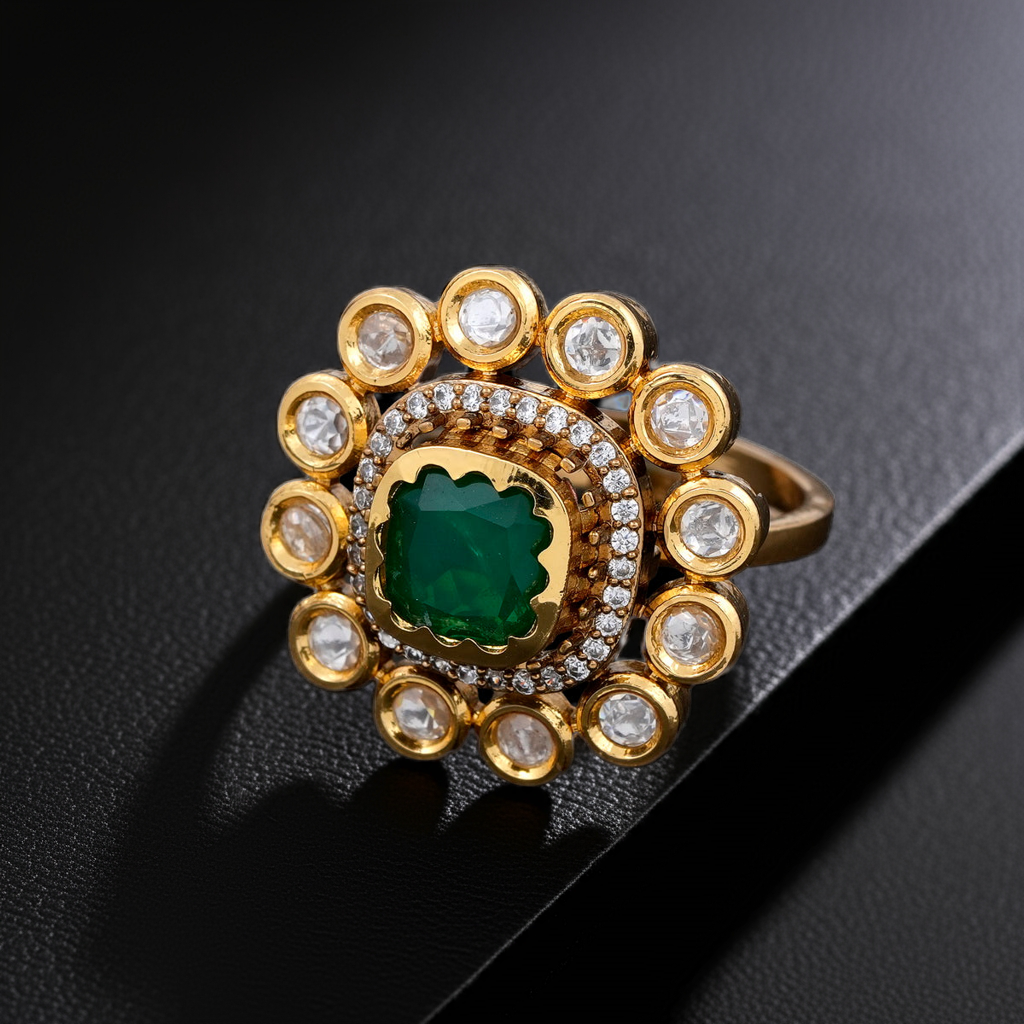 Square Emerald stone polki ring