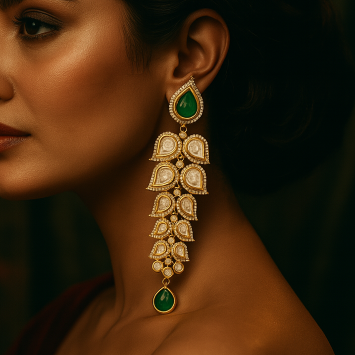 Woman wearing elegant earrings with a dark background