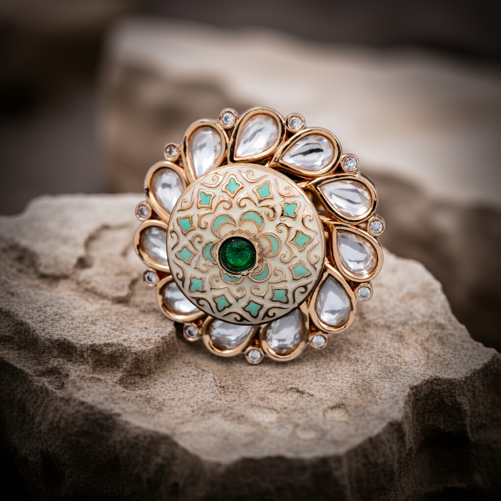 emerald green center stone minakari design ring
