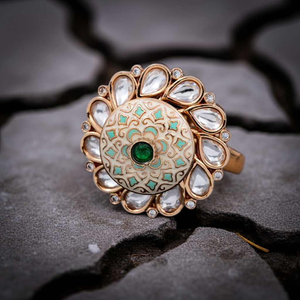 emerald green center stone minakari design ring