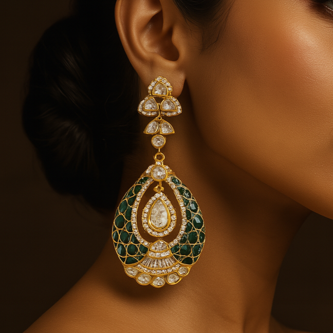Woman wearing a pair of gold earrings with green gemstones on a dark background