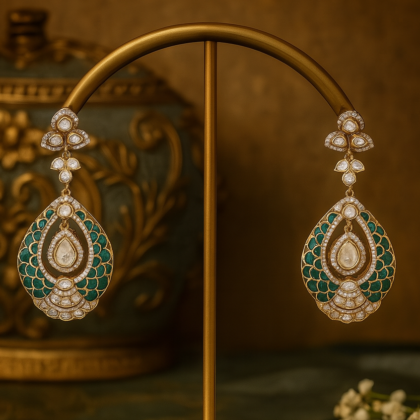Ornate earrings on a stand with a decorative background