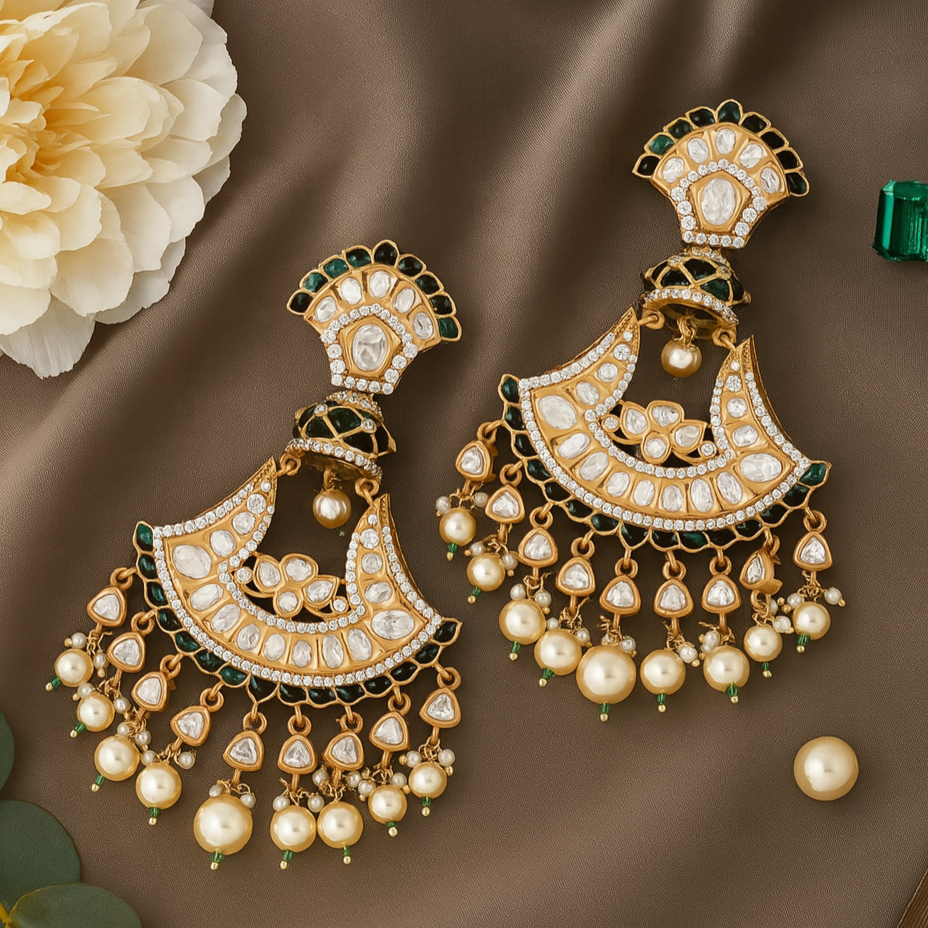 Ornate gold and pearl earrings on a brown fabric background with a flower and gemstone.