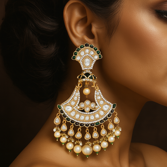 Woman wearing a pair of ornate gold earrings with pearls against a dark background
