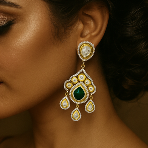 Woman wearing a gold saree with intricate patterns and a green gemstone earring against a brown background