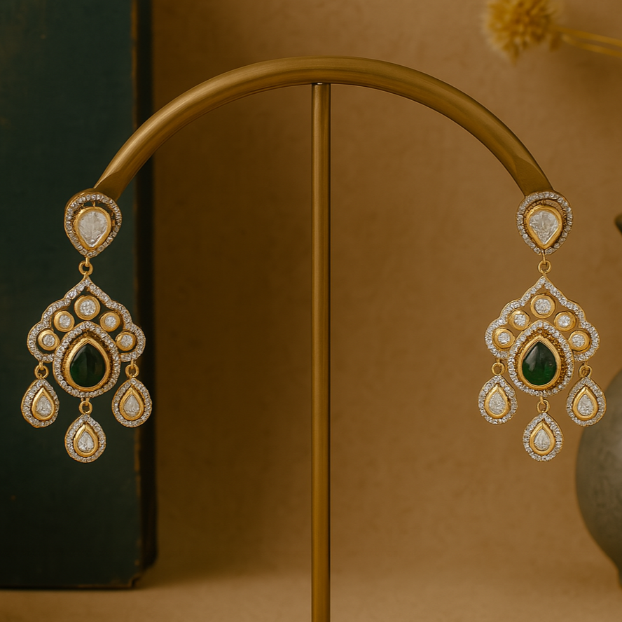 Ornate earrings on a gold stand with a neutral background