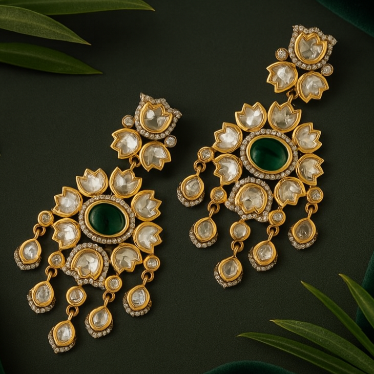 Ornate gold earrings with green gemstones on a dark background with green leaves.