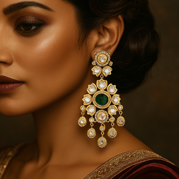 Woman wearing a traditional outfit with elaborate earrings against a dark background