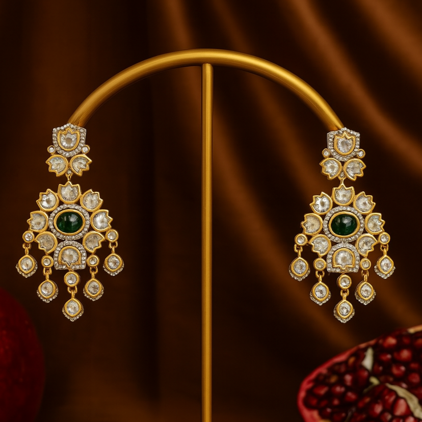 Ornate gold earrings with green gemstones on a brown stand with pomegranates.