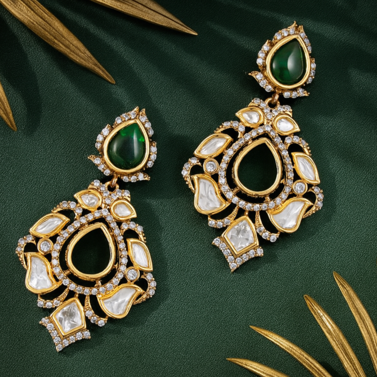 Ornate gold and green earrings on a dark green background with gold leaves.