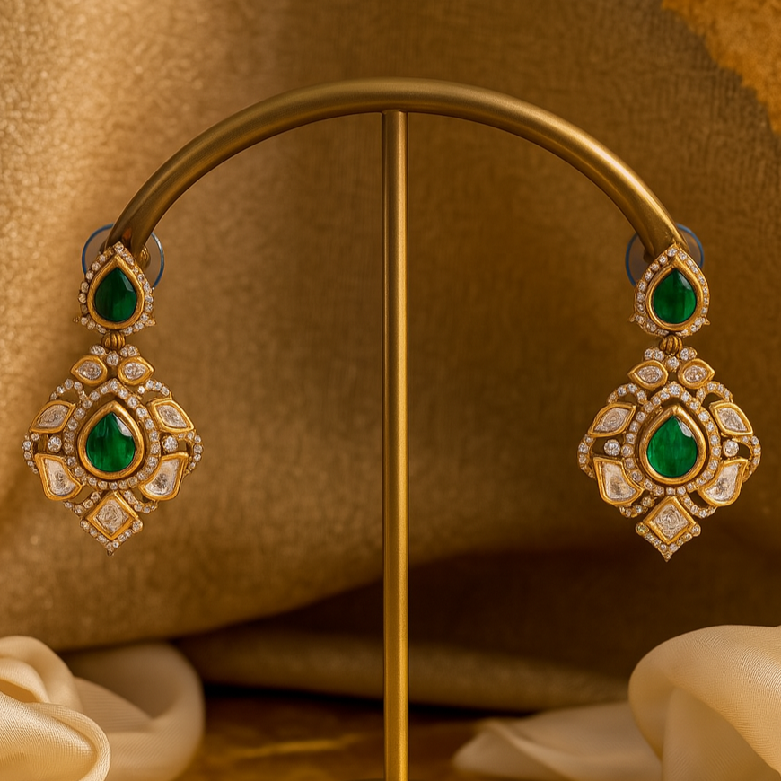 Gold earrings with green gemstones on a gold stand against a beige background
