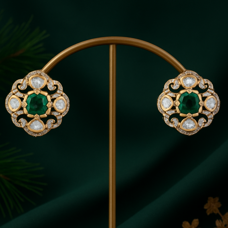 Pair of gold earrings with emerald and diamond-like stones on a dark green background