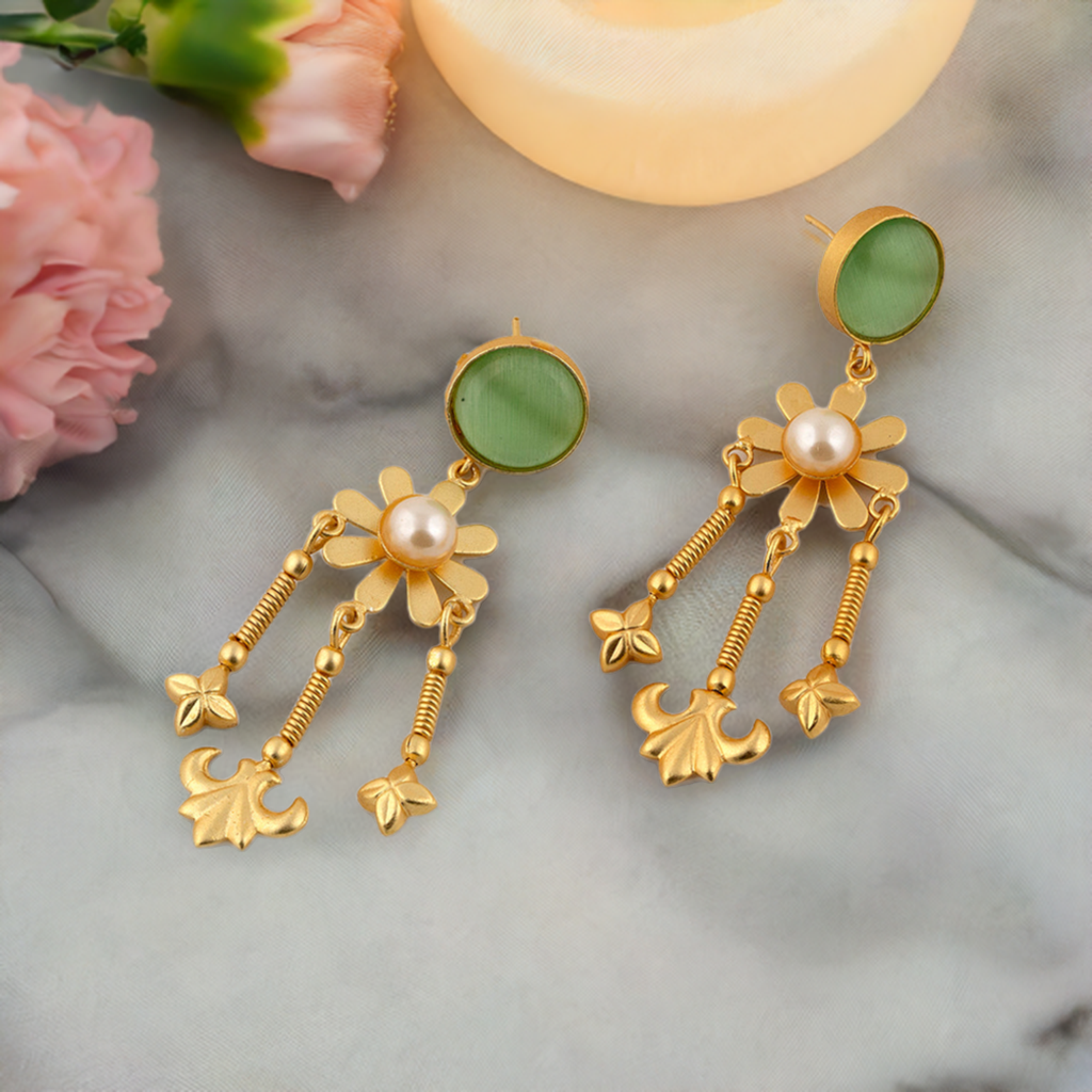 Green Pearl Floral Earrings