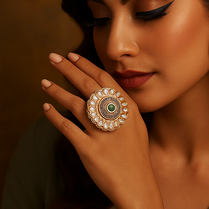 kundan Emerald colored center stone & dia ring