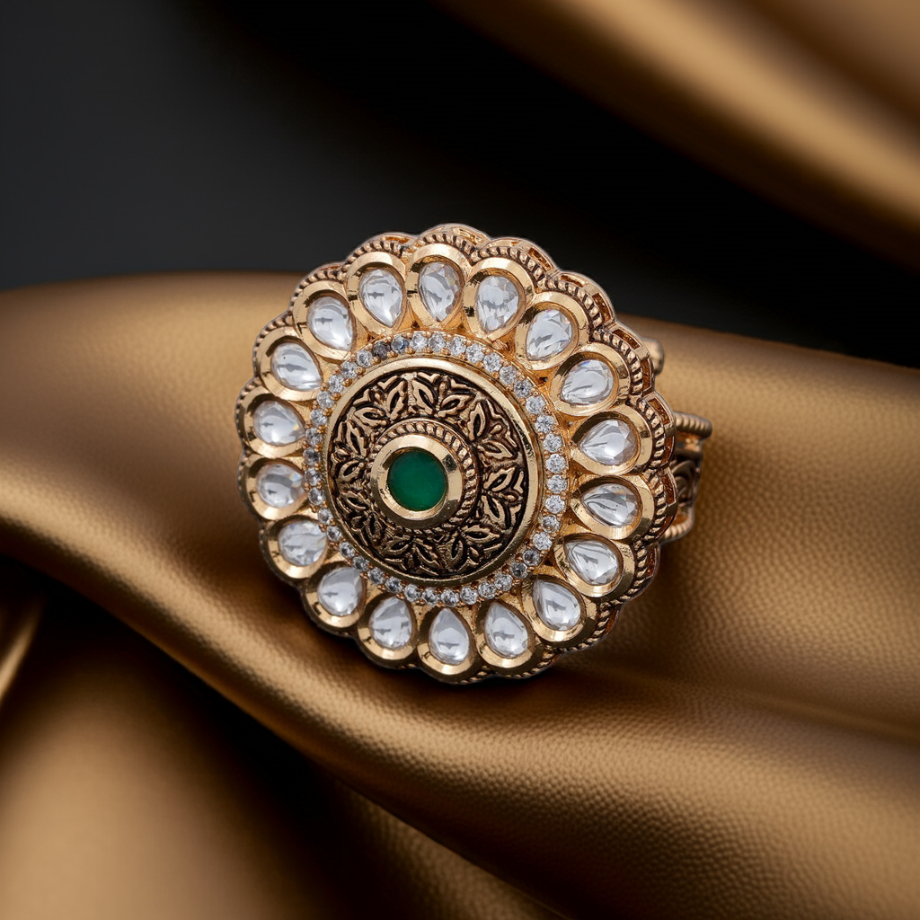 kundan Emerald colored center stone & dia ring