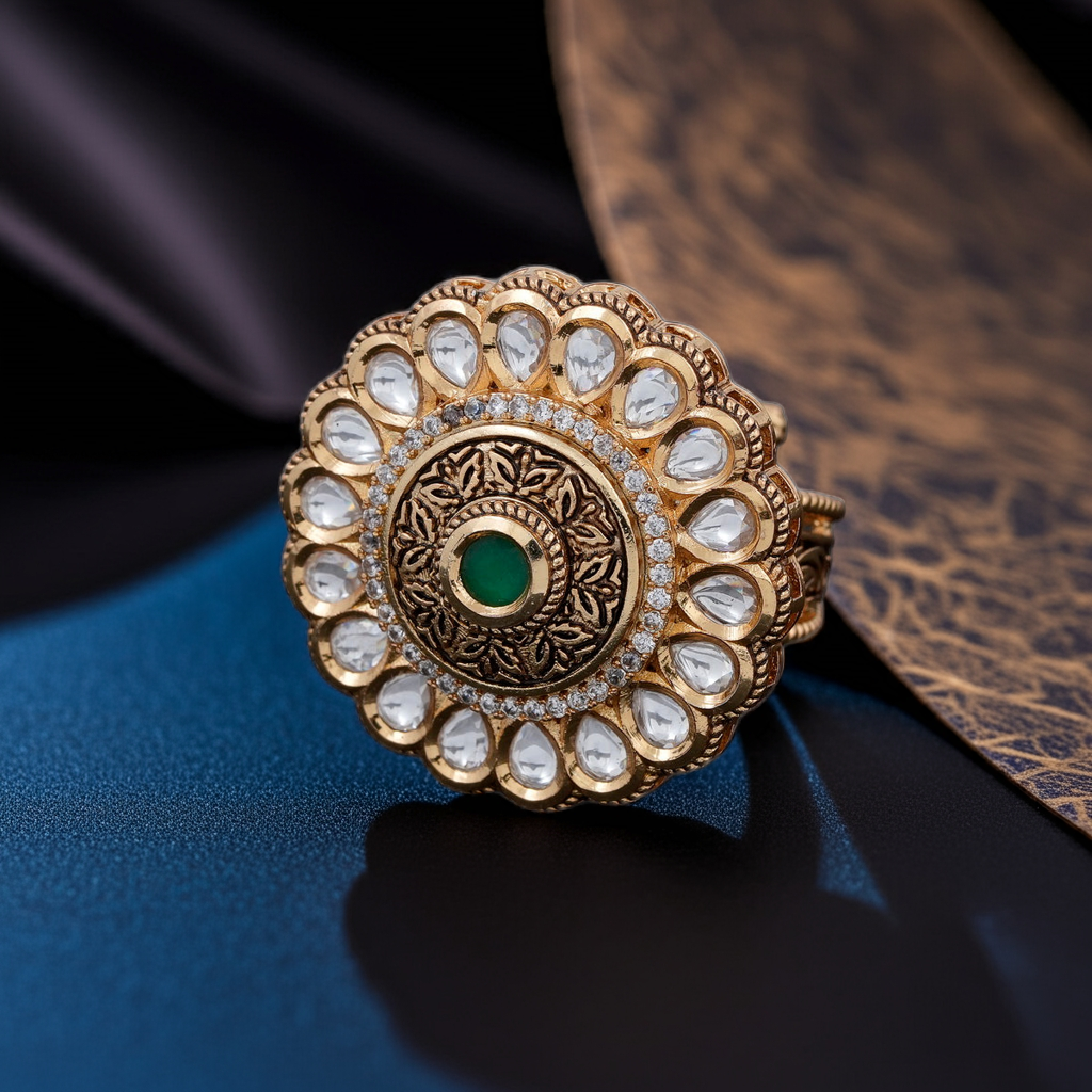 kundan Emerald colored center stone & dia ring