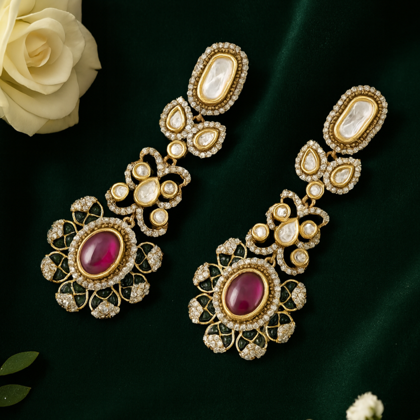 Ornate gold earrings with red gemstones on a dark green fabric background with flowers.